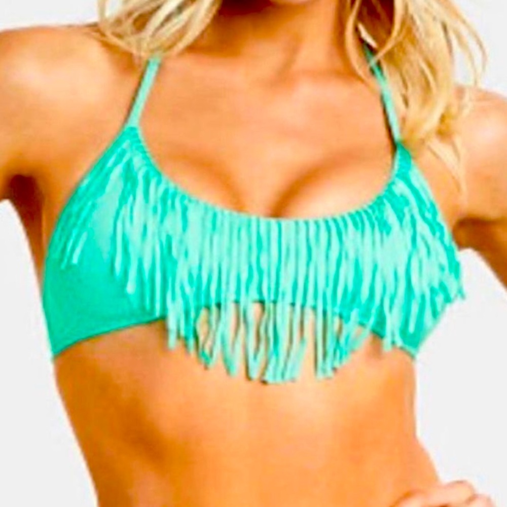 Victoria’sSecret Teal Fringe Halter Bikini Top w/Pads.Med.Match Bottom Sold Sep.